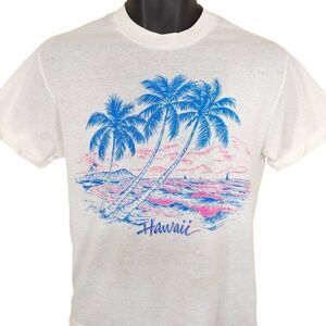 Vintage Hawaii T Shirt Mens Size Small White 80s Sailing Palm Trees Made In USA